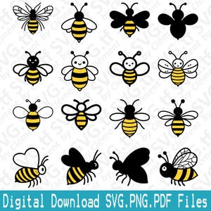 Cute Bee. SVG PNG PDF files. Layered by Color. Animal Nature Bird Insect Vector Clipart Print Cut Engrave Laser Cricut Silhouette.