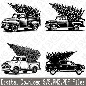 Könnte beinhalten: Schwarz-Weiß-Illustrationen von vier Pick-up-Trucks, die Weihnachtsbäume transportieren. Die Trucks variieren im Stil, von Vintage bis modern. Der Text "Digital Download SVG.PNG.PDF Files" befindet sich unten.