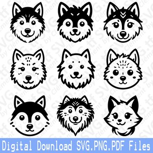 May include: Set of nine black and white vector illustrations of different dog breeds, including a husky, a wolf, and a fox. Each illustration features a cute, cartoon-style design with large eyes and a friendly expression.