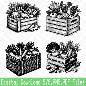 May include: Four black and white illustrations of wooden crates filled with various vegetables and fruits. The crates are all different sizes and shapes, and the vegetables and fruits are arranged in a variety of ways. The illustrations are in a vintage style.