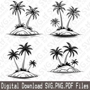Op de afbeelding: Zwart-wit illustraties van tropische eilanden met palmbomen. Elk eiland heeft een andere opstelling van palmbomen en is omgeven door water. De tekst "Digital Download SVG.PNG.PDF Files" staat onderaan.