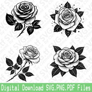 Flor de rosa. Archivos SVG PNG PDF. Amor San Valentín Ramo Naturaleza Regalo Vector Clipart Impresión Corte Grabado Láser Cricut Silueta.