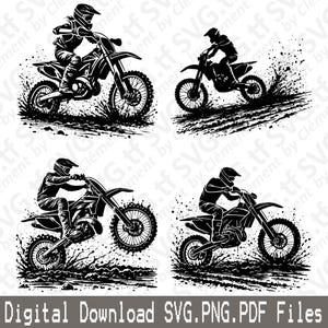 May include: Four black and white silhouette illustrations of a motocross rider on a dirt bike. The rider is wearing a helmet and goggles. The bike is in mid-air, with the front wheel off the ground. The rider is in a crouched position, with their arms outstretched. The background is a blurred image of a dirt track.