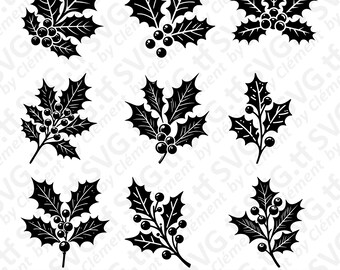 May include: Set of nine black and white holly leaf and berry SVG cut files. The holly leaves are stylized and have a traditional shape. The berries are round and clustered together.