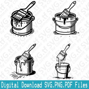 May include: Four black and white illustrations of paint cans with paint brushes dipping into the paint. The paint cans have a handle and are made of metal. The paint brushes have wooden handles and bristles.