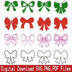 May include: A digital download graphic featuring various bow designs in green, red, pink, and black. The bows are presented in solid colors, outlines, and detailed line art. Text at the bottom reads "Digital Download SVG.PNG.PDF Files."