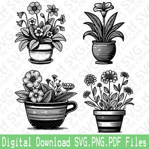Blumentopf. SVG PNG PDF Dateien. Übertopf Blumenstrauß Pflanze Natur Tisch Vektor Clipart Print Cut Gravur Laser Cricut Silhouette.