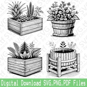 Houten plantenbak. SVG png-pdf-bestanden. Pot bloem boeket Plant natuur tabel Vector Clipart Print gesneden graveren laser Cricut silhouet.
