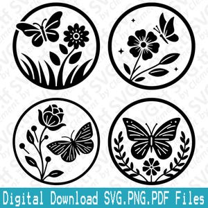 Butterfly Flower Round Sign. SVG PNG PDF files. Animal Nature Bird Insect Icon Vector Clipart Print Cut Engrave Laser Cricut Silhouette.