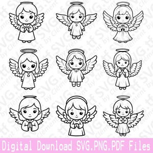 May include: Set of nine black and white line drawings of angels with halos. Each angel is depicted with wings, a halo, and a simple dress. The angels are all facing forward and have a similar expression.