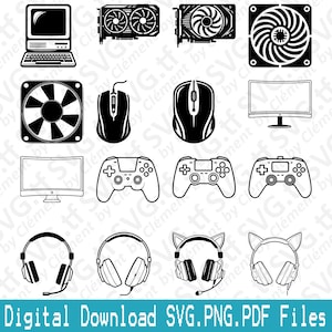 Pode incluir: Um conjunto de 12 ilustrações vetoriais em preto e branco de equipamentos de jogos e computadores. As ilustrações incluem um computador, um monitor, um rato, um teclado, um controlador de jogos, um auscultador e uma placa gráfica.