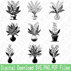 Muguet. Fichiers SVG PNG PDF. Pot de fleur, vase, bouquet, nature, cadeau, vecteur, clipart, impression, découper, graver, laser, cricut, silhouette.