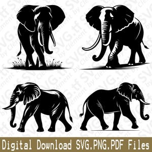 Puede incluir: Cuatro ilustraciones de elefantes negros en varias poses. Un elefante está sobre hierba, otros caminan. La imagen incluye el texto "Digital Download SVG.PNG.PDF Files".