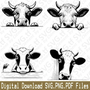 覗き見する牛。SVG、PNG、PDF ファイル。高地の野原の動物隠れ遊びベクター クリップアート プリント カット 彫刻 レーザー Cricut シルエット。