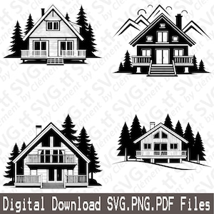 Mountain Cottage. SVG PNG PDF files. Chalet House Cabin Wood Nature Winter Scene Vector Clipart Print Cut Engrave Laser Cricut Silhouette.