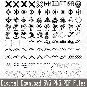May include: A collection of black and white nautical-themed vector graphics. Includes compasses, ships, palm trees, mountains, treasure chests, skull, and dotted lines. The text "Digital Download SVG.PNG.PDF Files" is at the bottom.