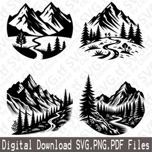 Könnte beinhalten: Vier Schwarzweißillustrationen von Berglandschaften mit gewundenen Wegen und Bäumen. Die Illustrationen sind kreisförmig.