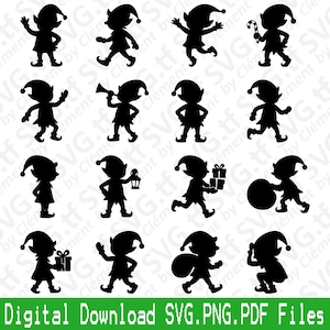 Puede incluir: Una colección de siluetas negras de elfos en varias poses, incluyendo sosteniendo regalos, una linterna y un bastón de caramelo. Los elfos llevan sombreros puntiagudos y zapatos. El texto en la parte inferior dice "Digital Download SVG.PNG.PDF Files."