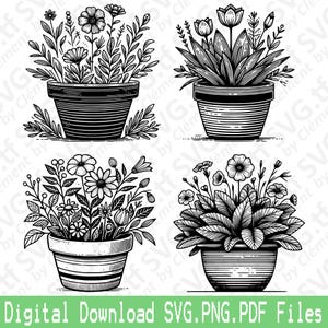 Blumentopf. SVG PNG PDF Dateien. Übertopf Blumenstrauß Pflanze Natur Tisch Vektor Clipart Print Cut Gravur Laser Cricut Silhouette.