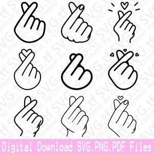 Dito Cuore. File SVG PNG PDF. Korean Love K-Pop 사랑해 사랑 Clipart vettoriale Stampa Taglio Incisione Laser Cricut Silhouette.