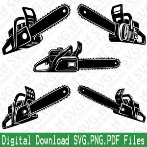 May include: Four black and white illustrations of chainsaws. Each chainsaw has a different design and angle.