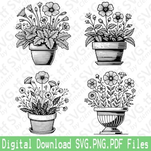 Blumentopf. SVG PNG PDF Dateien. Übertopf Blumenstrauß Pflanze Natur Tisch Vektor Clipart Print Cut Gravur Laser Cricut Silhouette.