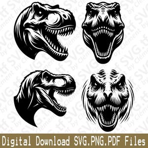 May include: Black and white illustrations of a Tyrannosaurus Rex head in four different views. The images showcase detailed line art of the dinosaur's head, teeth, and facial features. The text at the bottom reads "Digital Download SVG.PNG.PDF Files."