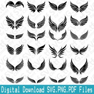 May include: A collection of black wing designs in various styles. The image features multiple pairs of wings, each with unique feather arrangements and shapes. The text "Digital Download SVG.PNG.PDF Files" is at the bottom.