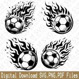 May include: Four black and white soccer ball designs with flames, perfect for sports-themed projects. The balls are in motion, surrounded by stylized flames. The text "Digital Download SVG.PNG.PDF Files" is at the bottom.