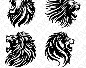 May include: Four black and white illustrations of a lion's head with a mane. The lion's mouth is open and the lion is roaring. The lion's head is facing different directions.