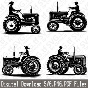 Gammal traktor. SVG PNG PDF-filer. Man kvinna bonde vintage skörd gård vektor clipart utskrift klipp gravera laser Cricut silhuett.