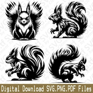 May include: Black and white digital download featuring four stylized squirrel illustrations. The squirrels are depicted in various poses, with detailed fur and expressive faces. The text "Digital Download SVG.PNG.PDF Files" is at the bottom.