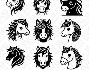 May include: A collection of nine black and white horse head illustrations with various hairstyles and expressions. The image includes the text "Digital Download SVG.PNG.PDF Files" in a blue rectangular box at the bottom.