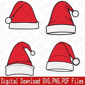 May include: Four red and white Santa hats with white pom-poms. The hats are in different positions, some are facing forward and some are facing sideways.
