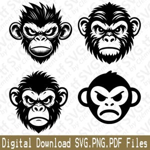 May include: Four black and white illustrations of angry monkey faces. Each monkey has a different hairstyle and facial expression.
