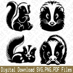 Peut inclure: Quatre images en silhouette noire et blanche d'une moufette. Les moufettes sont dans différentes poses, y compris assises, couchées et regardant droit devant.