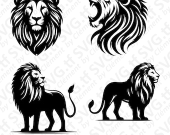 May include: Four black and white silhouette images of a lion. The first image is a lion's head with a mane. The second image is a lion's head with a mane roaring. The third image is a lion standing with a mane. The fourth image is a lion standing with a mane looking to the right.