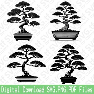 May include: Four black and white bonsai tree illustrations in different styles. Each tree is potted in a rectangular or square container. The image includes the text "Digital Download SVG.PNG.PDF Files" in a green banner at the bottom.