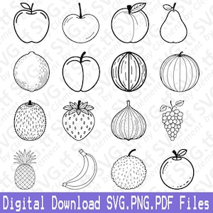 Obst. SVG PNG PDF Dateien. Apfel Birne Banane Pfirsich Traube Melone Erdbeere Vektor Clipart Print Cut Gravieren Laser Cricut Silhouette.