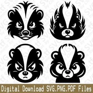 Angry Skunk Head. Pliki SVG PNG PDF. Cartoon Wild Animal Emblem School Vector Clipart Wydrukuj Cięcie Grawerowanie Laser Cricut Sylwetka.