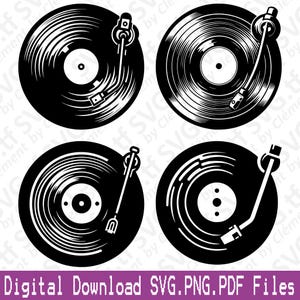 Vinylplaat. SVG png-pdf-bestanden. Speler spreker geluid dj studio audio muziek vector clipart print knippen graveren laser Cricut silhouet.