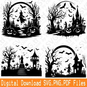 May include: Black and white Halloween-themed digital download designs. Each design features silhouettes of spooky scenes with witches, pumpkins, bats, trees, and haunted houses. The text "Digital Download SVG.PNG.PDF Files" is at the bottom.