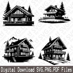 Mountain Cottage. SVG PNG PDF files. Chalet House Cabin Wood Nature Winter Scene Vector Clipart Print Cut Engrave Laser Cricut Silhouette.