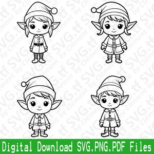 Puede incluir: Cuatro dibujos en blanco y negro de elfos con sombreros puntiagudos y zapatos de elfo. Cada elfo lleva una chaqueta con cinturón. Los elfos están de frente con los brazos a los lados.