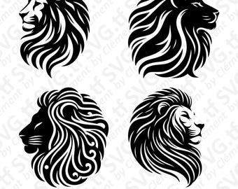 May include: Four black and white stylized illustrations of lion heads. Each lion head is facing right and has a different mane style.