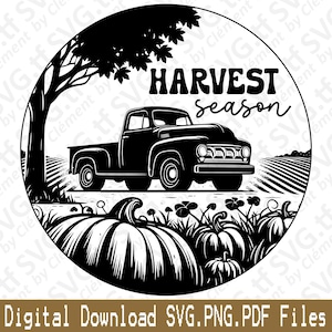 Cartel redondo de temporada de cosecha. Archivos SVG, PNG y PDF. Otoño, granja, acción de gracias, vector, clipart, impresión, corte, grabado, láser, Cricut, silueta.