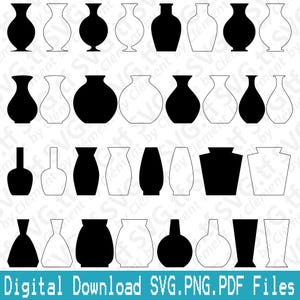 May include: A set of 24 black and white vase SVG cut files. The vases are in various shapes and sizes, including round, oval, and rectangular.