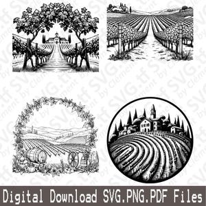 Alter Weinberg. SVG PNG PDF Dateien. Trauben Obst Feld Bauernhof Natur Szene Vektor Clipart Print Cut Gravur Laser Cricut Silhouette.