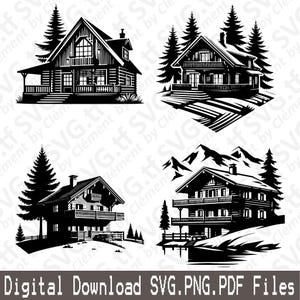 Mountain Cottage. SVG PNG PDF files. Chalet House Cabin Wood Nature Winter Scene Vector Clipart Print Cut Engrave Laser Cricut Silhouette.