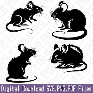 May include: Four black silhouette images of mice in different poses. The mice are facing different directions and have long tails.